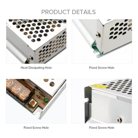 Close-up views of AC 100 to 240V to DC 12V 16.5A 198W Switching Power Supply Converter for LED Strips CCTV Cameras Security Systems.