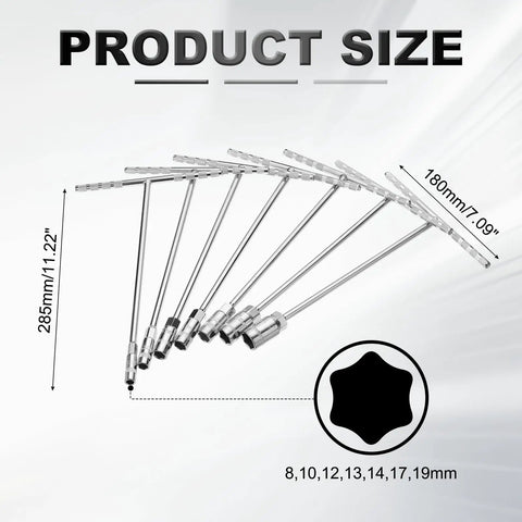 Product size diagram of 7Pc T Handle Socket Wrench Set With Long Reach In 8 10 12 13 14 17 19mm 6 Point Steel Wrenches T Grip