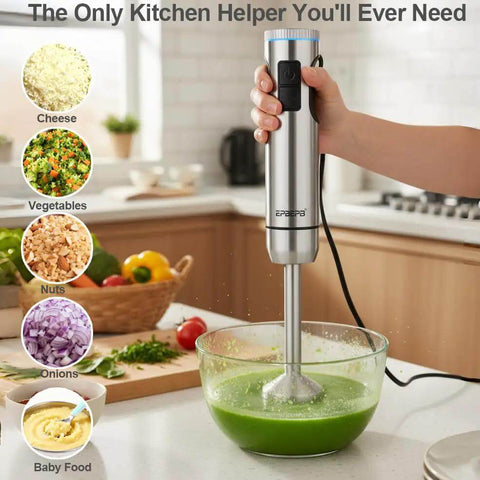 Heavy Duty Twelve In One Immersion Blender Bundle Featuring Kickass 1000 Watt Motor Designed For Smoothies Creamy Soups Orange Juicer Egg Frother Veggie Chopper And Bread Kneader in use blending green soup.
