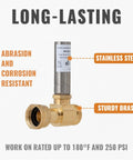 Three Quarter Inch GHT Washer Water Hammer Arrestor Straight Stainless Steel Connector From Three Quarter Inch Male To Three Quarter Inch Female, Includes Sealing Tape for No Hassle Install, Stops Hose Shock and Water Hammer in Washing Machines, brass and stainless steel