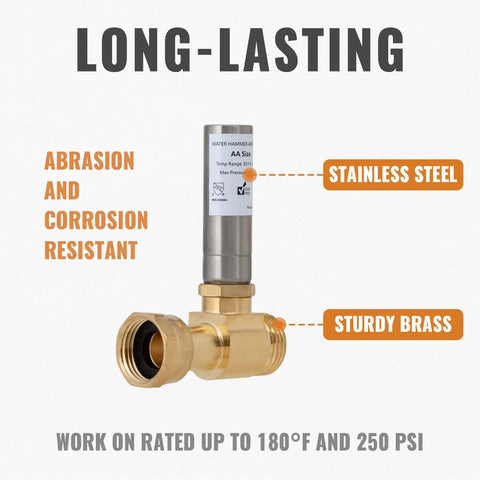Three Quarter Inch GHT Washer Water Hammer Arrestor Straight Stainless Steel Connector From Three Quarter Inch Male To Three Quarter Inch Female, Includes Sealing Tape for No Hassle Install, Stops Hose Shock and Water Hammer in Washing Machines, brass and stainless steel