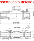 Assembled dimensions diagram of Rugcel 12000 Lb Waterproof Electric Winch With Synthetic Rope And Haws Fairlead Black.