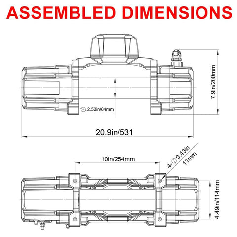 Assembled dimensions diagram of Rugcel 12000 Lb Waterproof Electric Winch With Synthetic Rope And Haws Fairlead Black.