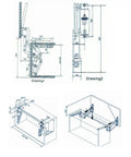 Technical drawings of Silent Hydraulic Translation Door Hinge With Space Saving Flip Up Design for upper cabinets.