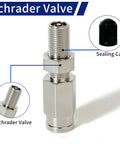 Front view of chrome Schrader valve with push-to-connect fitting and sealing cap for 1/4 inch air tubing