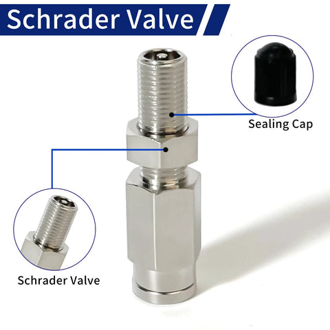 Front view of chrome Schrader valve with push-to-connect fitting and sealing cap for 1/4 inch air tubing