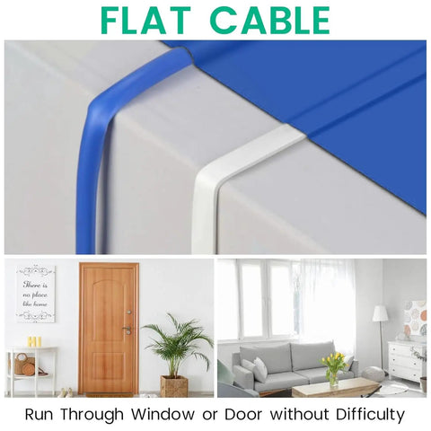 Flat cable installation showing 30 Ft USB A To USB C Cable Extension For Wyze Duo Cam Pan Outdoor Security Camera through door and window.