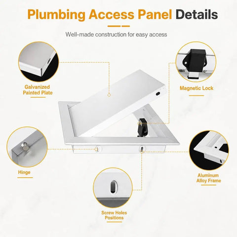 Heavy Duty Aluminum Access Panel Slick Flush Drywall Cover with magnetic lock, hinge, and galvanized painted plate for easy access.