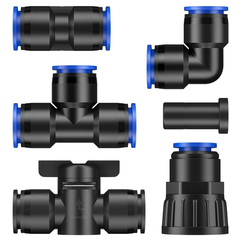 20 Piece Quick Connect Drip Irrigation Fittings Kit For 1/2 Inch Tubing with Tees, Elbows, End Plugs, Shut Off Valve, Faucet Adapter