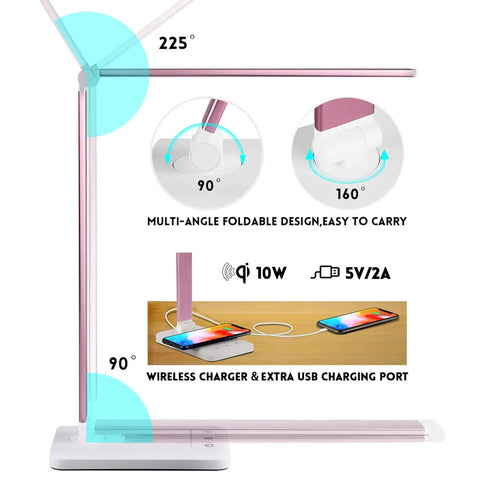 Game Changing LED Desk Lamp With Wireless Charger And USB Port, foldable pink design with devices charging, 10W wireless charging.
