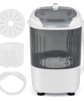 Slick Compact Mini Washer And Dryer Combo, 5.5 Pound Portable Laundry Rig with grey transparent drum and accessories.