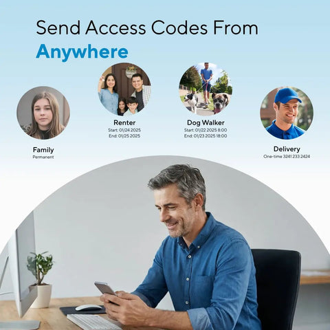 Man sending access codes via a smartphone, showcasing the Rock Solid Fingerprint Wifi Smart Lock with Apple Home Integration.