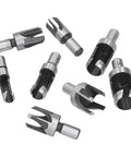 Heavy Duty 8 Piece Carbon Steel Wood Plug Drill Bit Set With Hella Sharp Spiral Hole Cutters To Knock Out Clean Plugs For Furniture Repair And Weekend Warriors showing various sharp spiral hole cutters.