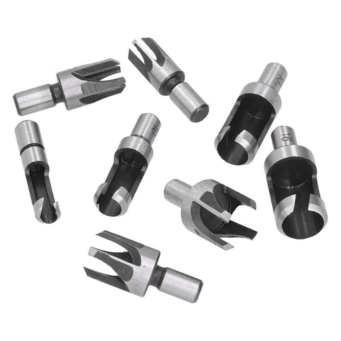 Heavy Duty 8 Piece Carbon Steel Wood Plug Drill Bit Set With Hella Sharp Spiral Hole Cutters To Knock Out Clean Plugs For Furniture Repair And Weekend Warriors showing various sharp spiral hole cutters.