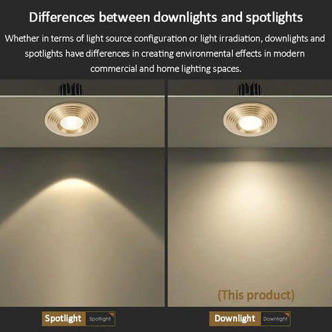 Kick Up Your Space With These Solid Brass Round Dimmable LED Recessed Downlights Featuring Anti Glare Tech showing downlight and spotlight comparison.