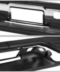 Rear step bumper with license plate lights for Silverado/Sierra, chrome-black finish; shows plate recess and step pad.