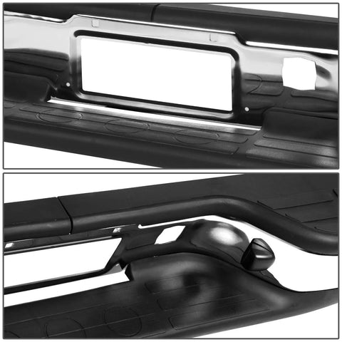 Rear step bumper with license plate lights for Silverado/Sierra, chrome-black finish; shows plate recess and step pad.