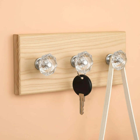20 Pack Crystal Cabinet Knobs for Cabinets and Drawers, Diamond Shaped Silver Pull Handles on wooden key holder