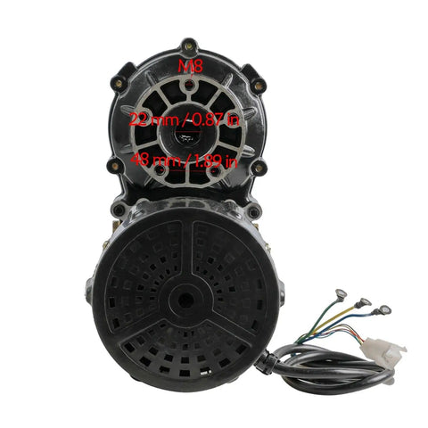 Front view of a heavy duty go kart rear axle kit, 48V 1000W electric drive with 16 tooth drive gear, and wires on the side.