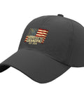 Women Adjustable Cap In Dark Grey, One Size Fits Most With Easy Buckle Closure featuring "Promoted to Grandpa" text and American flag.