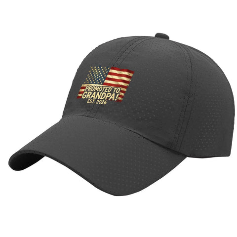 Women Adjustable Cap In Dark Grey, One Size Fits Most With Easy Buckle Closure featuring "Promoted to Grandpa" text and American flag.