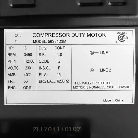 Label of Heavy Duty 3Hp Electric Motor For Compressor Systems, 3450Rpm 230V Single Phase, 56 Frame Build, 5/8 Inch Shaft.