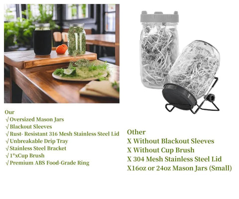 DIY Sprouting Kit For Home Garden With 2 Wide Mouth Quart Mason Jars, Stainless Steel Screen Sprout Lids, Stand, Brush