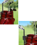 Two Pack Putter Clip Holder For Golf Bag attached to red golf bag with clubs, visible durable plastic black design and ball marker.