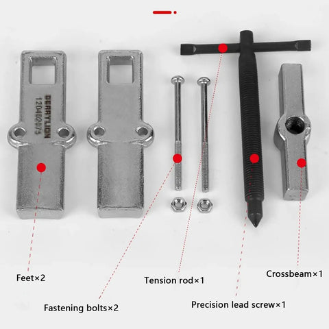 Top Shelf Heavy Duty Chrome Vanadium Steel Two Jaw Bearing Puller And Adjustable Gear Splitter Separator parts including bolts and screws.