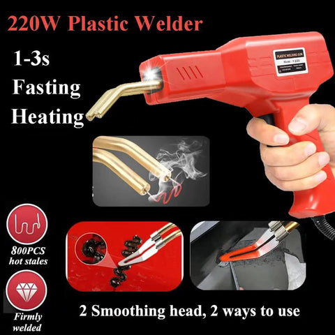 220W Plastic Welder Kit 2 In 1 Plastic Repair Set with hot stapler and soldering gun in use, showing rapid heat welding process