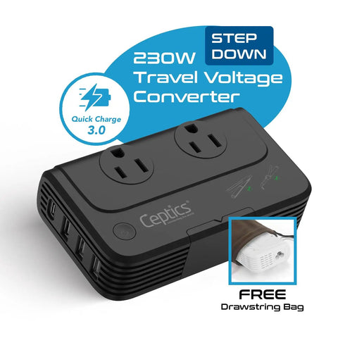 Six In One Travel Adapter And Voltage Converter With Surge Protection For 220V To 110V Countries, with USB PD charging ports