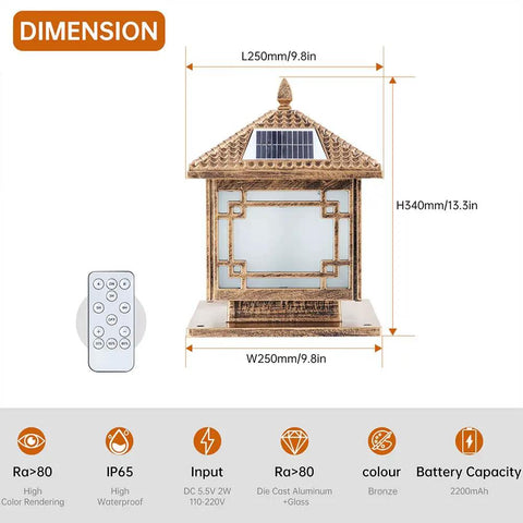 Solar Post Lights With Remote Control Energy Saving LED Column Lamp Outdoor Waterproof IP55 Bronze Pillar Lantern, dimensions shown.