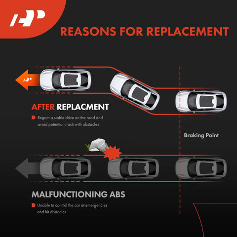 Illustration showing reasons for rear ABS wheel speed sensor replacement, detailing stability after replacement and malfunction scenarios.