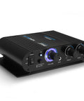 Wireless Bluetooth Home Audio Amp With 90W Dual Channel Power, stereo receiver front view, showing controls, LED, and inputs