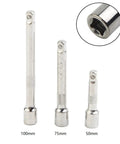 Three Heavy Duty 1/4 Drive Socket Wrench Extension Bar Chrome Steel Flex Adapter sizes 100mm, 75mm, 50mm for tight spaces.