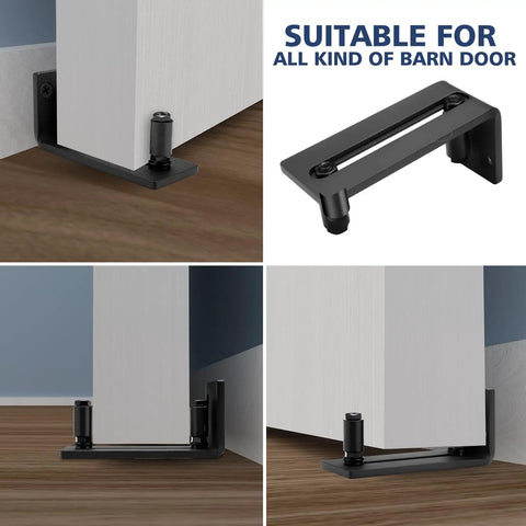 Heavy Duty Sliding Barn Door Floor Guide With Adjustable Rollers, black steel, wall-mounted for stable door operation.