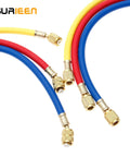 SURIEEN three 60-inch R410A refrigerant charging hoses (1/4 SAE to 5/16 SAE) in red, blue, yellow with brass fittings.