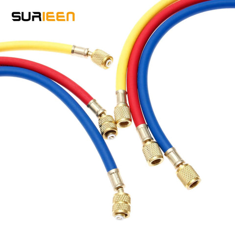 SURIEEN three 60-inch R410A refrigerant charging hoses (1/4 SAE to 5/16 SAE) in red, blue, yellow with brass fittings.