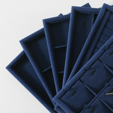 Super Slick Microfiber Jewelry Display Tray With Six Grid Compartments For Ring Earring Bracelet And Necklace Storage Stackable Countertop Organizer Plate Hits Different in navy blue.