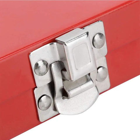 Close-up of metal latch on red box of 88 Piece Thread Repair Kit For M6 M8 M10 Threads Pro Grade Heavy Duty Steel Alloy Insert Tool Set