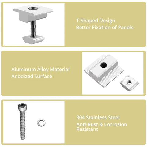 Heavy Duty Solar Panel Center Clamps Knockout Grip For 40mm Photovoltaic Rails showing T-shaped design and stainless steel bolts.