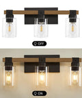 Farmhouse 3 Light Vanity Fixture with rustic wood and clear glass shades, shown in off and lit states, bathroom bedroom hallway