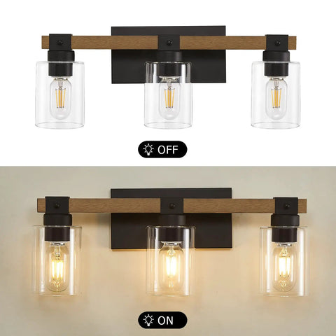 Farmhouse 3 Light Vanity Fixture with rustic wood and clear glass shades, shown in off and lit states, bathroom bedroom hallway