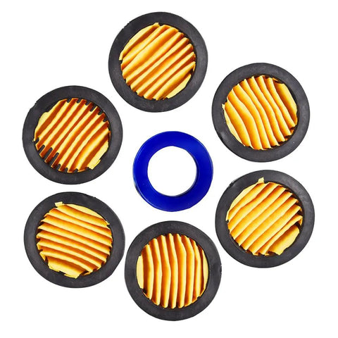 Metal Air Compressor Silencer Filter For Killer Quiet Operation, Replacement Intake Filter Elements, 6 yellow filters around blue gasket
