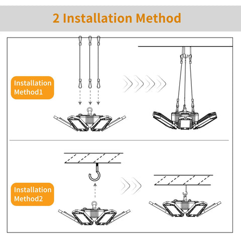 Two Pack 185W LED Garage Lights Plug In Black Hanging Shop Light With 6 Adjustable Foldable Panels installation methods