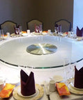 Dining setup with 40 Inch Rotating Lazy Susan Turntable Made From Tempered Glass, Heavy Duty Round Serving Tray For Hotels And Restaurants