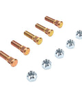 Upgrade Your Ride With Premium Wheel Studs And Lug Nuts Kit Featuring 1/2 Inch Fine Thread 5 Bolt Pattern Designed For Heavy Duty Use And Secure Grip On Most Cars And Trailers., 5 gold wheel studs and 5 silver lug nuts on white background