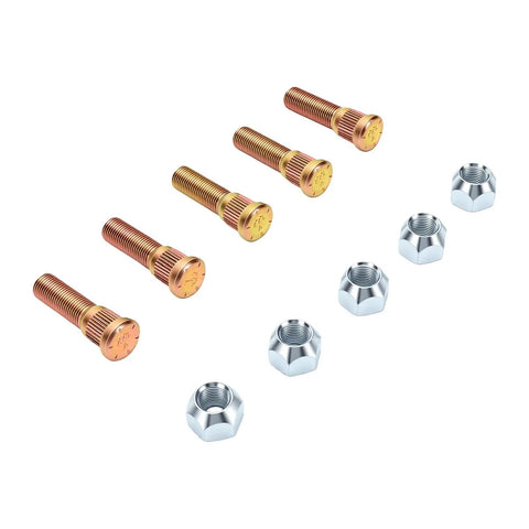 Upgrade Your Ride With Premium Wheel Studs And Lug Nuts Kit Featuring 1/2 Inch Fine Thread 5 Bolt Pattern Designed For Heavy Duty Use And Secure Grip On Most Cars And Trailers., 5 gold wheel studs and 5 silver lug nuts on white background