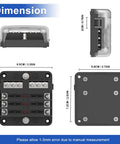 Dimensions display of Six Way Fuse Block Panel For 12V And 24V DC Systems With LED Indicator ATC ATO Compatible Fuse Box