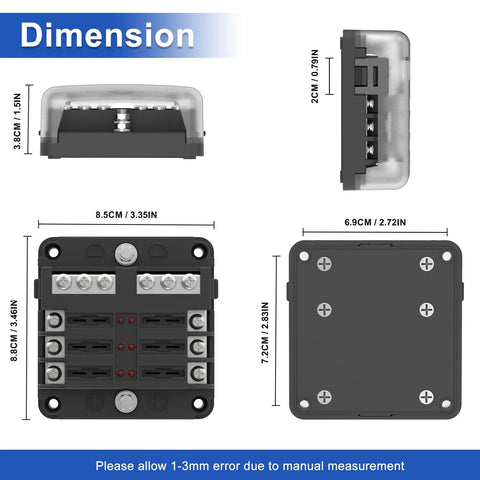 Dimensions display of Six Way Fuse Block Panel For 12V And 24V DC Systems With LED Indicator ATC ATO Compatible Fuse Box